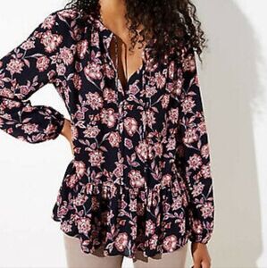 New! LOFT Size XS Long Sleeve Floral Peplum Hem Navy Blue Pink Boho Blouse Top